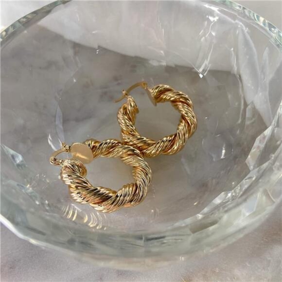 Chunky Gold Hoop Earrings 14k Gold Plated Triple Hoop Earrings Hypoallergenic - Picture 6 of 14